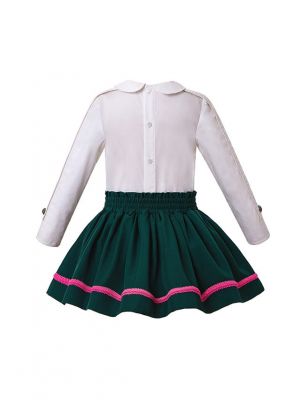 Girls Boutique Clothing Set Doll Collar White  Shirt + Blackish Green Skirt +Hand Headband