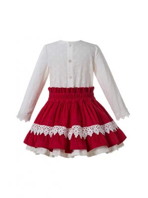 Autumn Gorgeous Girls White Lace Shirt With Bow + Red Boutique Skirt + Handmade Headband