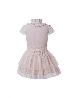 Girls Summer Beige Bow Lace Shirt + England Style Princess Skirt +Hand Headband