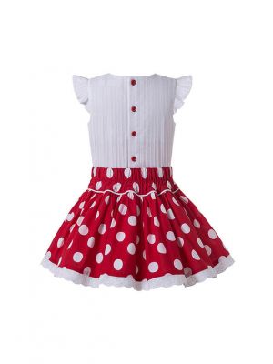 Boutique Preppy Style Girls White Shirt With Sweet Bow + Princess Party Red Dot Skirt +Hand Headband