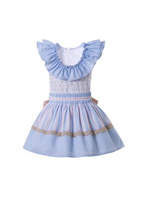 Boutique Preppy Style Girls Ruffle Shirt + Princess Striped Skirt With Bows +Hand Headband