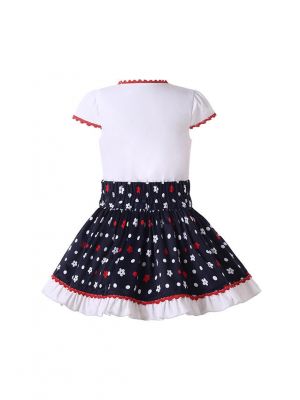 White V-neck Shirt with Lace trim and Black Flower Pattern Skirt College style + Headband