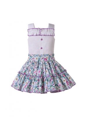 (Only 3Y 4Y) Summer Sweet Girls Ruffle Layers Dress Floral Pattern with purple trim + Headband