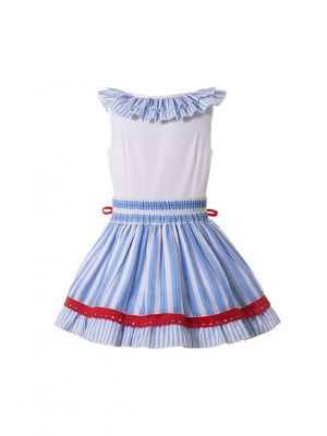 (UK Only) Girls Blue Red White Ruffled Striped Hem Dress + Handmade Headband