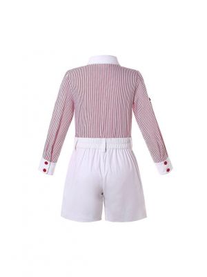 2-Piece Boys Long Sleeve Red Striped Shirt + White Shorts