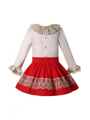 Double-layered Collar Cream Top + Red Skirt Girls Clothes Set with Handmade Headband