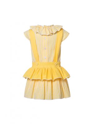 2 Pieces Yellow Clothing Set Short Sleeves Tops + Double Layer Suspender Shorts