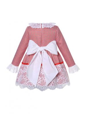 Red Plaid White Lace Baby Girls Christmas Dress + Handmade Headband