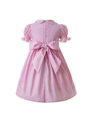 (UK Only) Pink Party Girls Doll Collar Handmade Embroidered Smocked Dresses                                                       