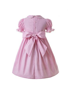 (USA ONLY)Pink Party Girls Doll Collar Handmade Embroidered Smocked Dresses