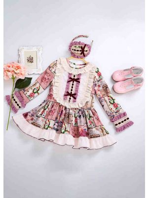 Flower Printed bows Dress With Headwear