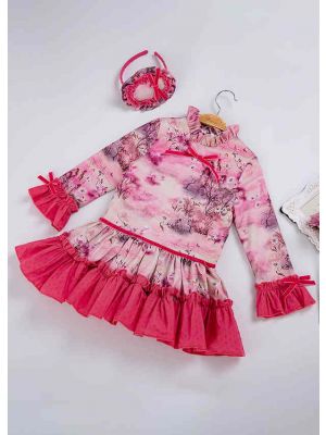 (Only 3Y-12Y) Rose Red Flower Printed Girl Dress With Headwear