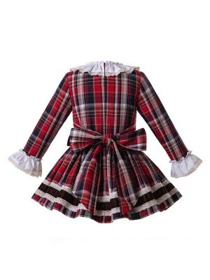 （Only 2Y）Wine Red Baby Girls Cotton Grid Dress with Headwear Retro Style