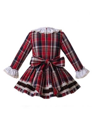 Wine Red Girls Cotton Grid Dress with Headwear Retro Style