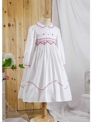 (ONLY 5Y left) White Doll Collar Embroidery Handmade Smocked Long Sleeve Girls Dress