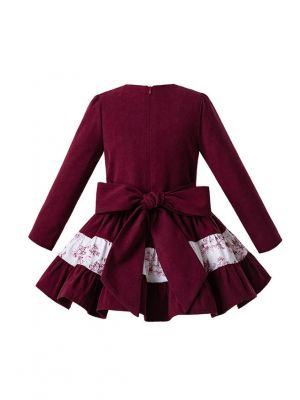 Girls Wine Red Lace Printed Dress + Headband