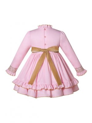Pink Girl Dress Lace Party Long Sleeves  Dress With Headwear