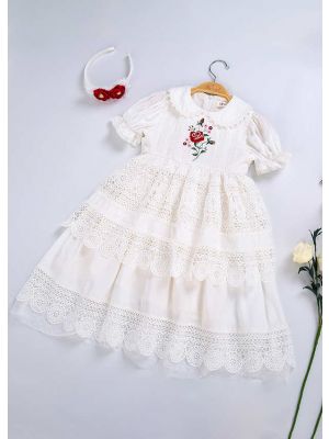 (ONLY 4Y) White Embroidery Doll Collar Communion Solid Party Layers Girl Long Dress With Headband 