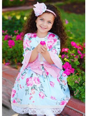 Birthday Boutique Kids Blue Flower lace Printed Bows Girl Dress With Headband