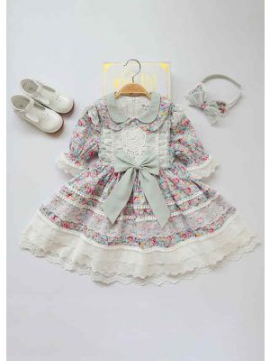 Wedding Party Flower Printed Rose Embroidery Lace Girl Long Dress With Headband 