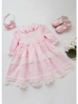 (ONLY 2Y) Wedding Party Lace Communion Pink Dot Flower Girl Long Dress With Headband