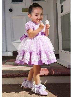Summer Purple Heart-shaped Mesh Princess Dresses For Girls With Bow And Double Flowers 