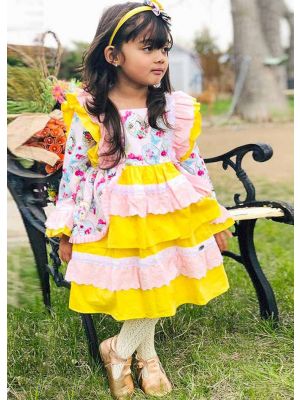 Flower Bunny Pattern Yellow Girl Dress With Bows + Handmade Headband                                                                                                                       