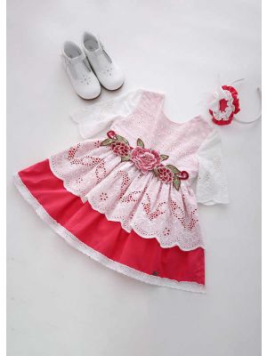Girl Pink Flower Embroidered Lace Princess Dress + Handmade Headband