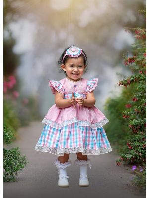 Summer Grid Heart-shaped Hollow Sleeveless Flowers & Bow Girls Dress With Headband