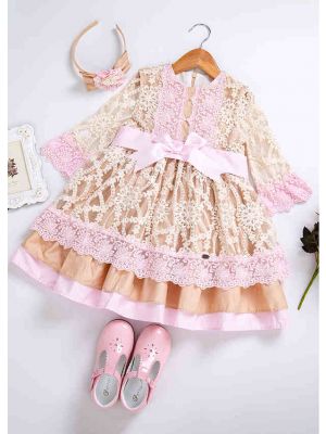  Wedding Bow Carved Hollow Girls Dress With Headband