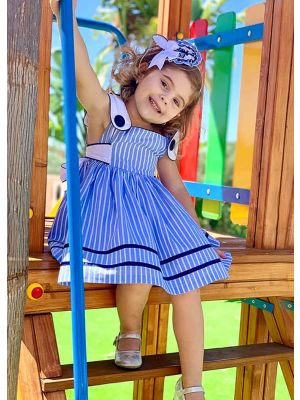 Blue Summer Violet Girls Dress With Stripe Party Dress + Handmade Headband                                                                                                                   