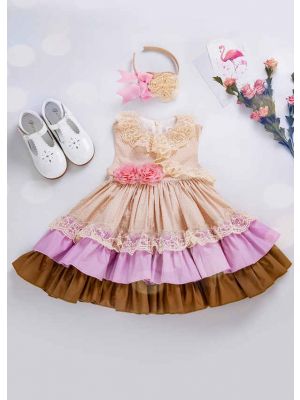 Beige Wedding Summer Pink Flower Lovely Girls Dress With Headband