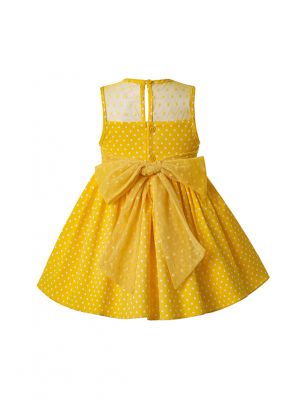 (UK ONLY)Girls White Flower Yellow Cotton Dress + Handmade Headband