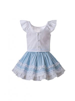 3 Pieces New Summer Girls Clothing Set With Headwear Sleeveless White Top+Blue Skirt Kids Outfit+ Handmade Headband