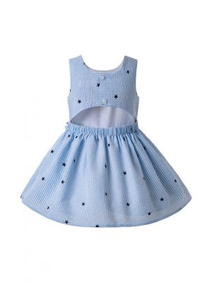 (Only 10Y)Light Blue Girls Ruffles England Style With Red Bow Layered Dress + Hand Headband