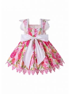 Girls Fly Sleeve Lace Flower Summer Dress with Cute Pink Bows + Handmade Headband