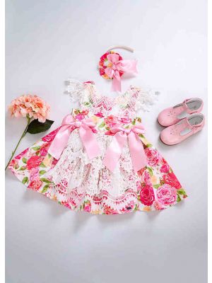 (ONLY 3Y 5Y) New Princess Flower With Pink Bows Summer Lace Girl Dress + Handmade Headband  