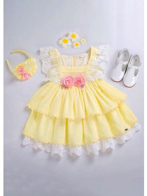 Light Yellow With Lace And Fly Sleeve Boutique Summer Girls Dress + Handmade Headband  