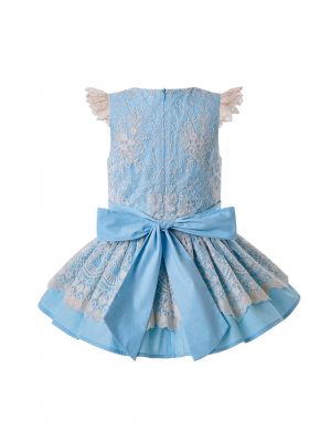Girls Summer Blue Stereoscopic Flower Layered Lace Dress  + Handmade Headband