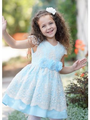 Girls Summer Dress Sky Blue Princess Dresses For Girlsss With Layered Lace + Handmade Headband