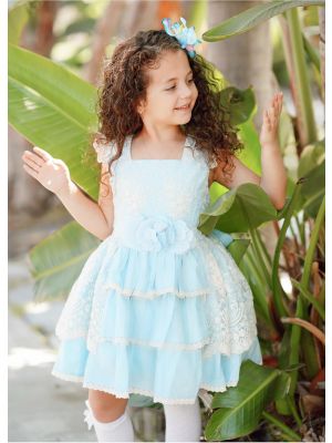 Girls Summer Blue Flower Wedding Party Dress With Layered Lace + Handmade Headband