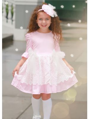 (ONLY 3Y 5Y) White Lace Pink Lovely Girlss Dress + Handmade Headband