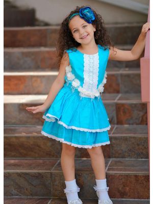 Girls Summer White Flower Blue Cotton Lace Sleeveless Party Dress + Handmade Headband