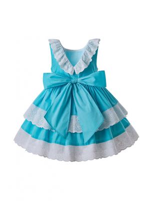 Girls Summer White Flower Blue Sleeveless Party Dress + Handmade Headband 