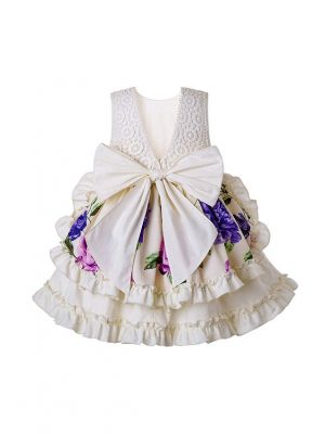 Summer White Flowers Pattern Printed With Bows Girls Dress +Hand Headband