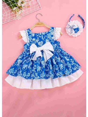 Babies Summer Flower Blue dress With White Bow + Handmade Headband