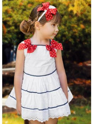 New White Navy Lace Girls Dress With Red Dot Bows + Handmade Headband                                                                                                                       