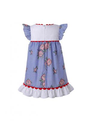 Baby Blue Summer Printed Ruffled Dress Toddler Puff Sleeve Festival Dress + Handmade Headband