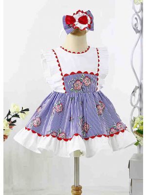 Girl Summer Rose Stripe Printed Dress + Handmade Headband 