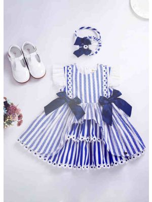 Girls Summer Flower Lace Stripe Party Dresses + Handmade Headband